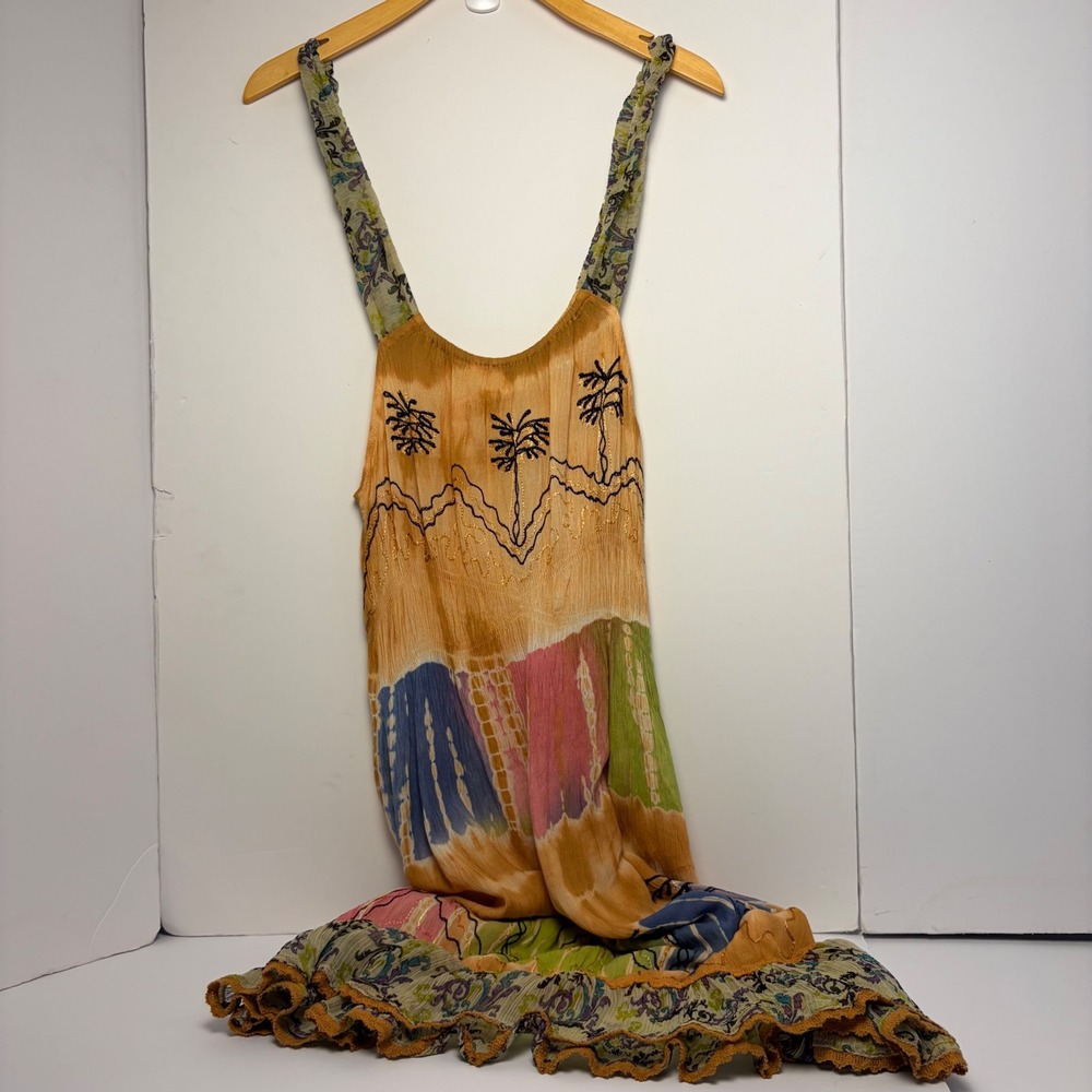 Star India‎ Boho Tie Dye Palm Tree Embroidered Maxi Dress Orange Multi One Size